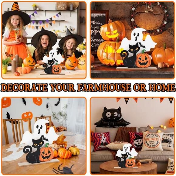 Farmhouse Halloween Decorations - Wooden Ghost & Black Cat Table Signs - Picture 6 of 8